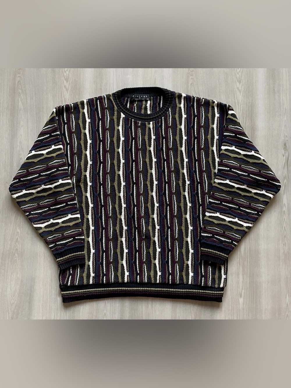 VTG Protege Coogi Style Textured Knit Sweater Crewneck Blue/ Burgandy/ Olive XL